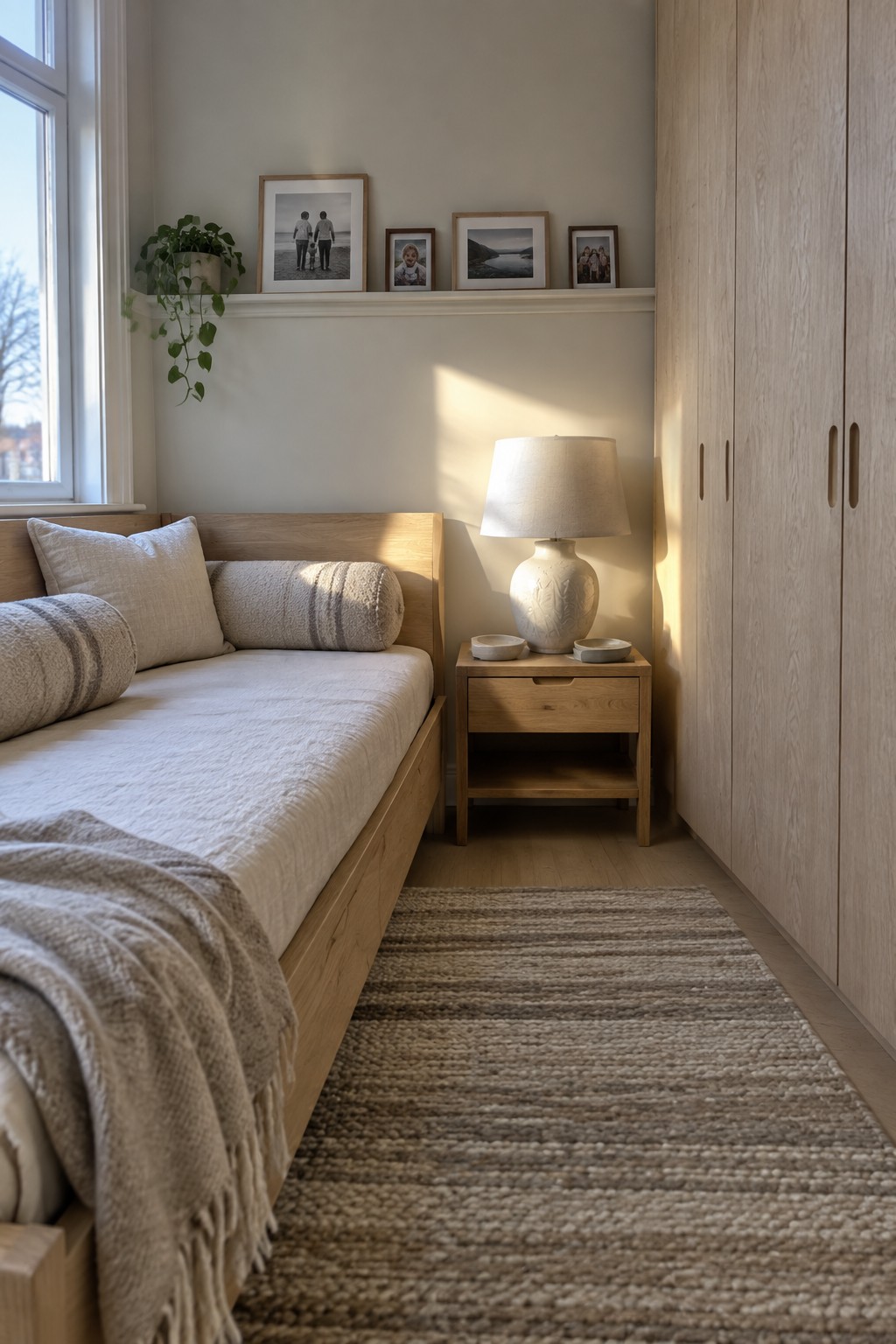 Cozy sunlit bedroom with wooden bed, neutral linens, lamp, framed photos, and woven rug