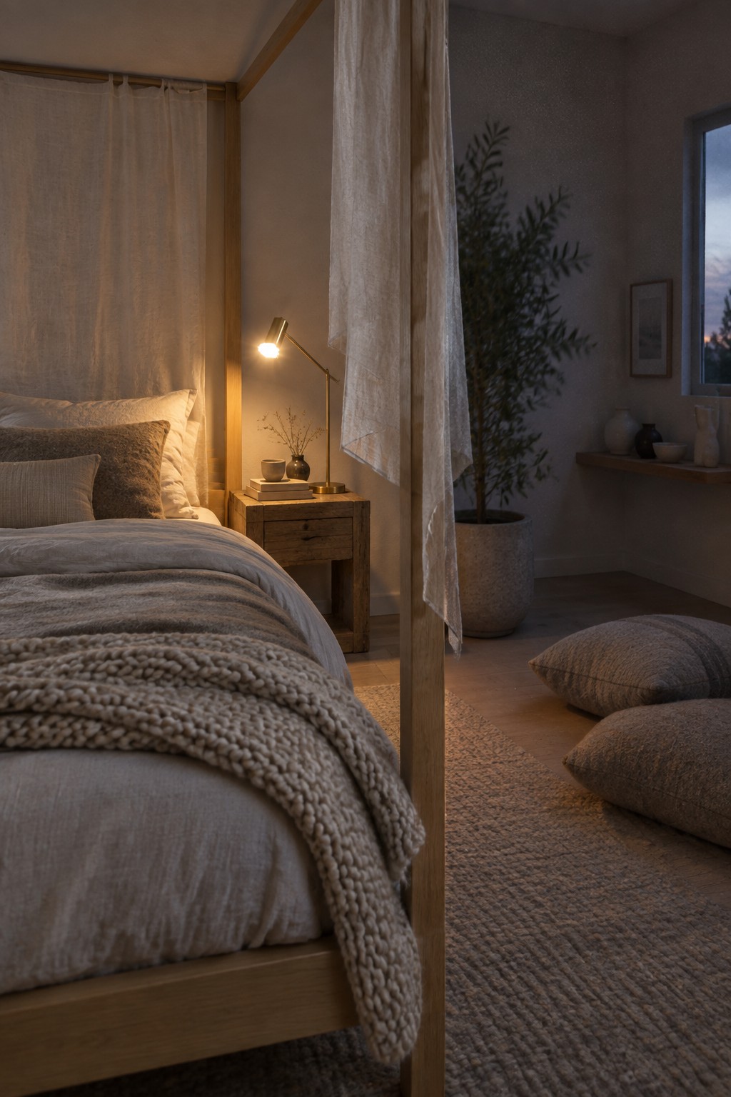 A bedroom featuring a light wood bed with rumpled neutral bedding and a chunky knit throw, a brass lamp glowing on a wooden nightstand, and a large potted plant near a window.