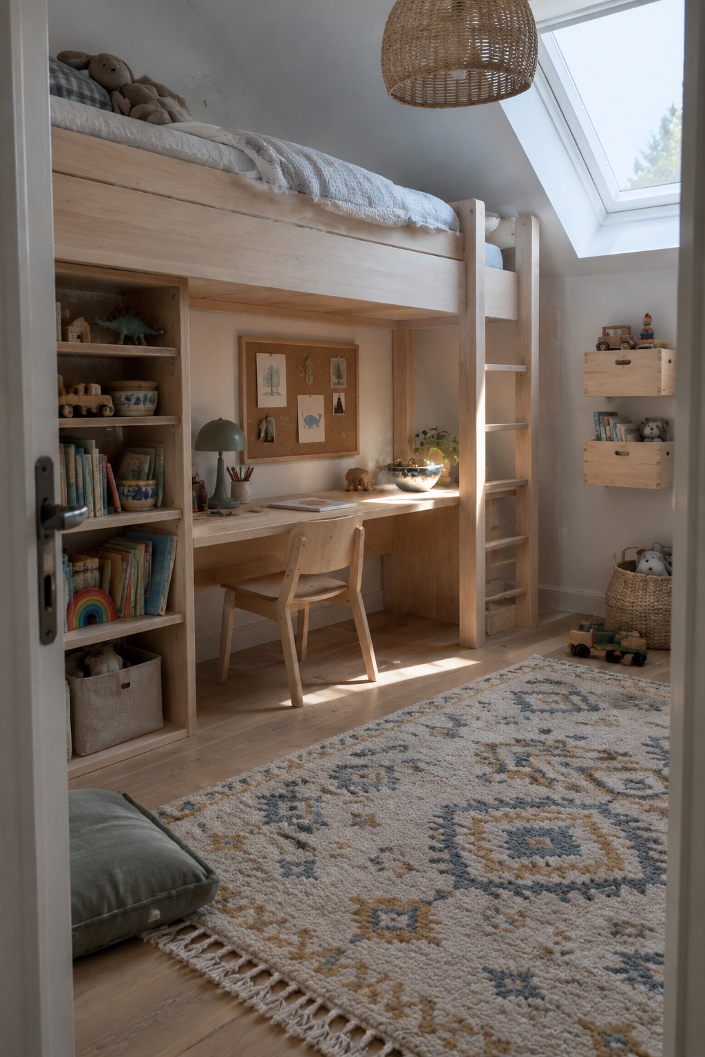 A light wood loft bed over a desk and chair in a child's bedroom with built-in shelves, a corkboard, and a patterned rug.