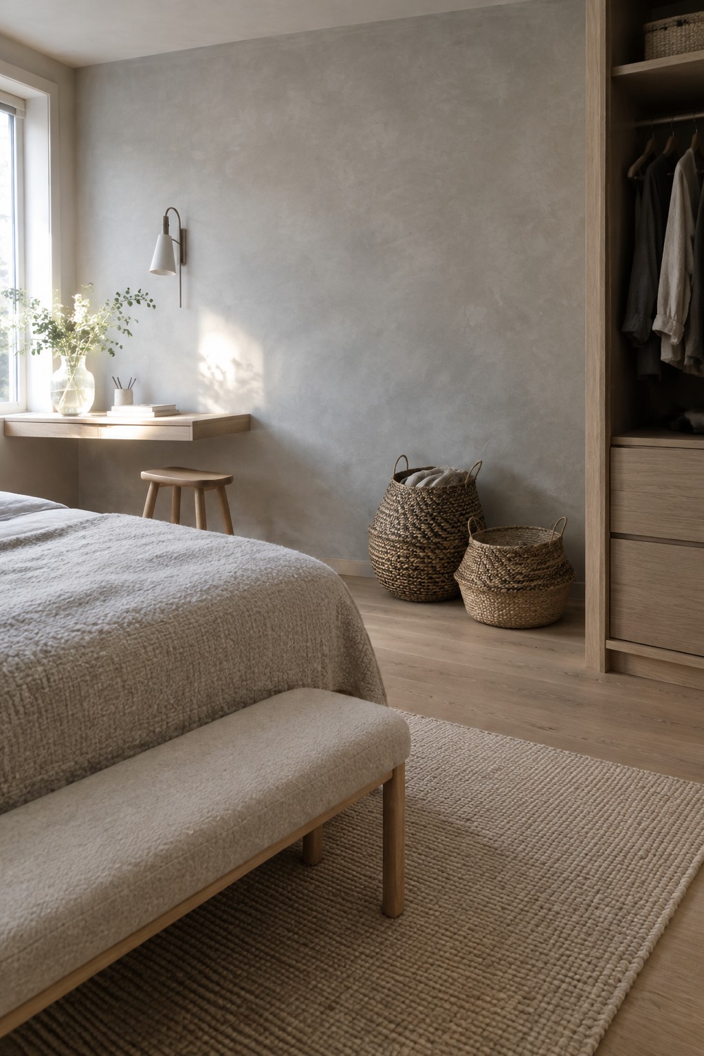A bedroom with a light wood bed frame, upholstered bench at the foot of the bed, woven rug on the floor, two woven baskets, a floating wood desk with stool, and a wall sconce above it.