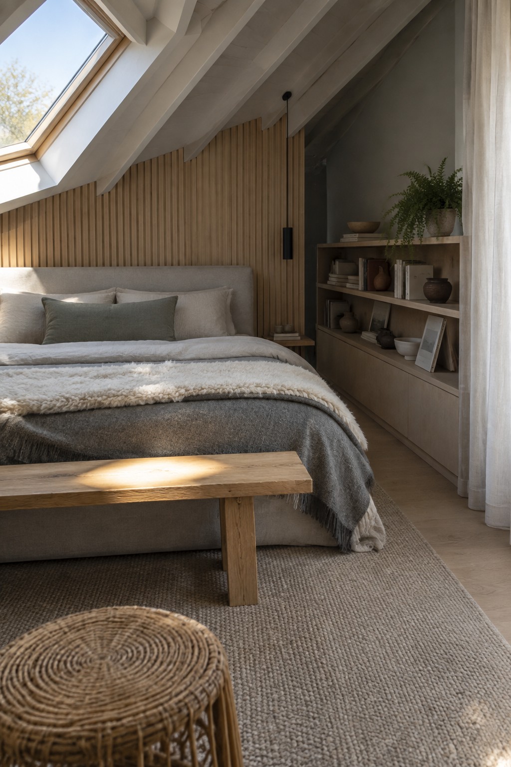 A Scandinavian-style bedroom featuring a bed with gray and white bedding against a vertical light wood slat wall, built-in wooden shelves on the right, a wooden bench, and a woven rug on the floor.