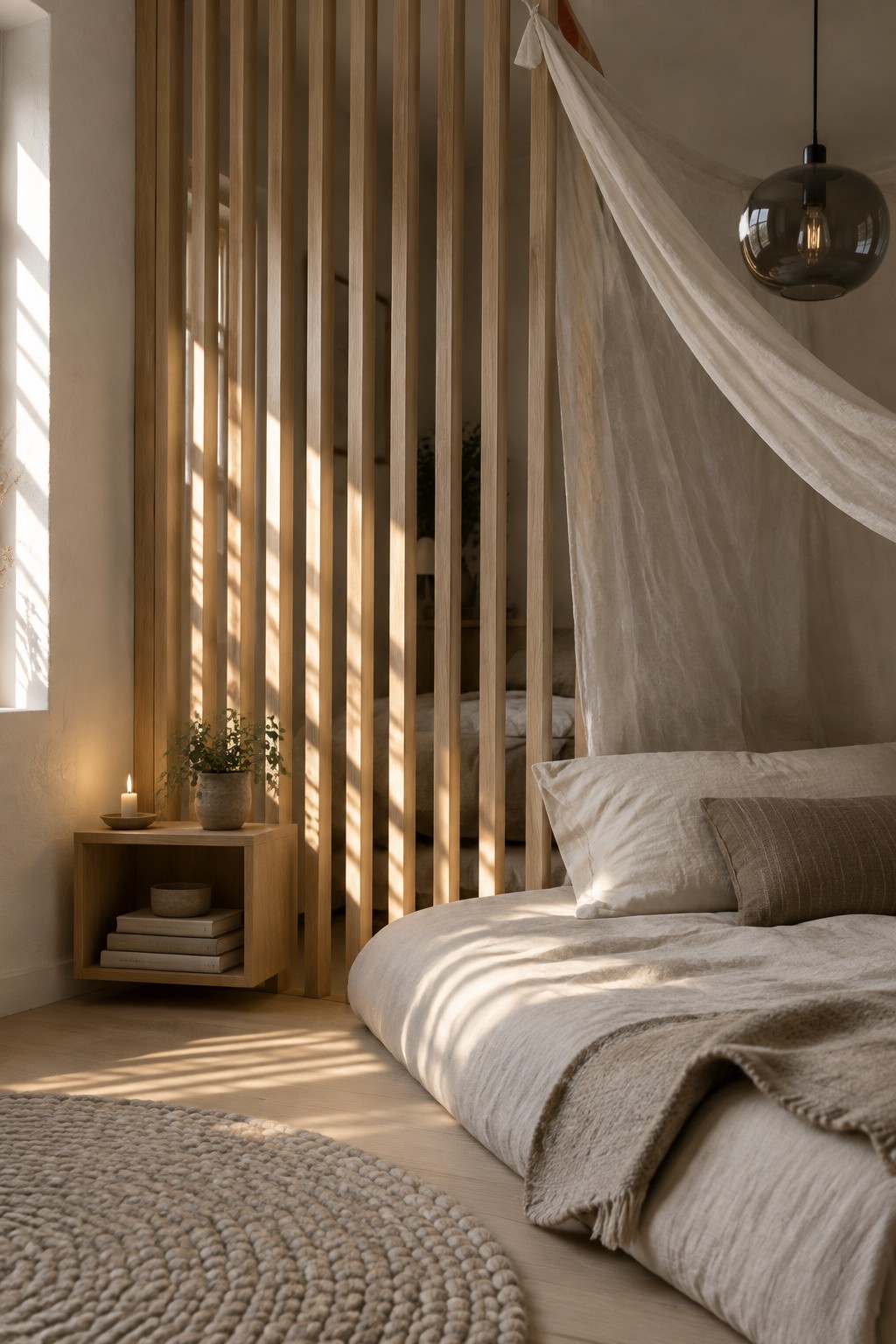 A Scandinavian-style bedroom with a bed dressed in light linen, a vertical light wood slat partition behind it, a woven wool rug on the floor, and sunlight casting shadows across the space.
