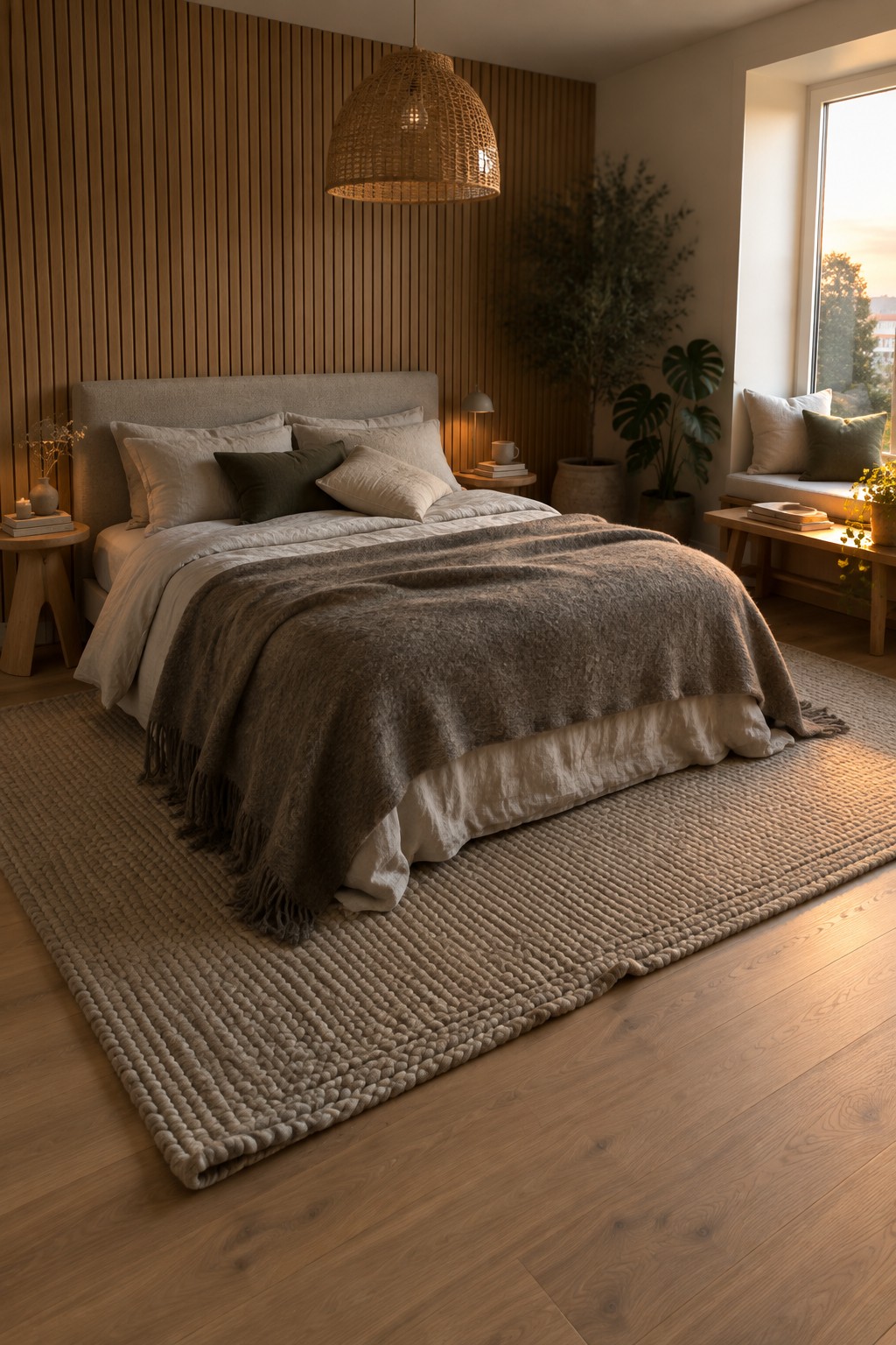 A bedroom featuring a bed with layered neutral bedding and a fringed brown wool throw, set on a large chunky woven rug over light wood flooring, with vertical wood wall paneling and a woven pendant light overhead.
