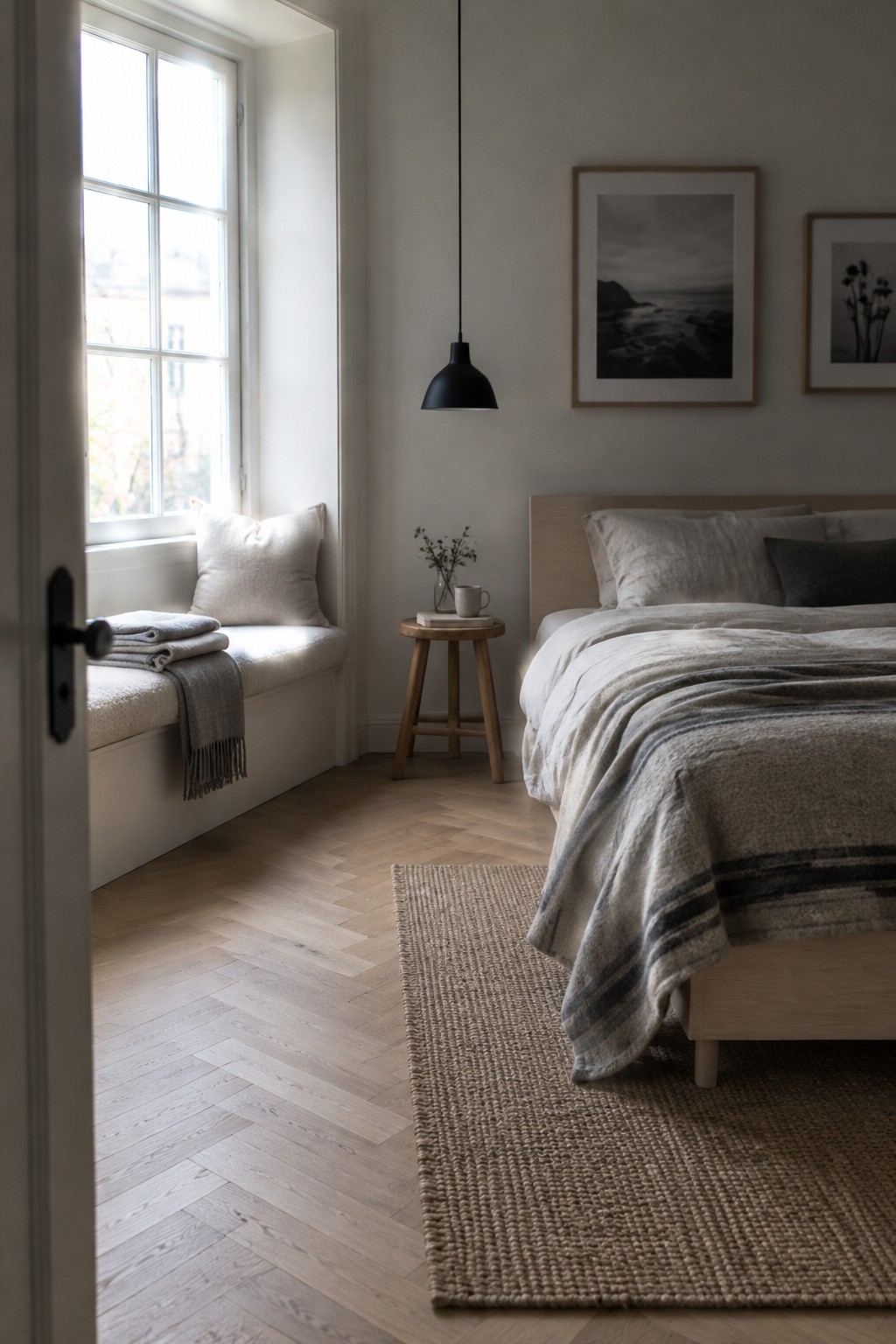 A bedroom with light wood herringbone flooring, a large woven rug, a bed dressed in linen and a striped wool blanket, and a window seat with folded textiles.