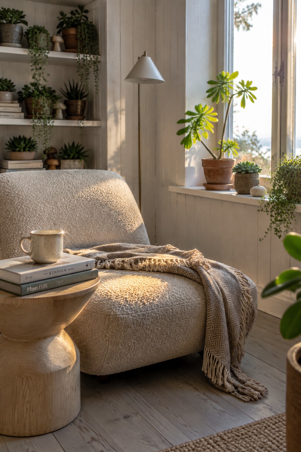 A beige bouclé armchair with a fringed throw sits beside a large window, next to a round wooden side table holding stacked books and a mug, with potted plants on shelves and the windowsill in a bright room with light wood flooring.