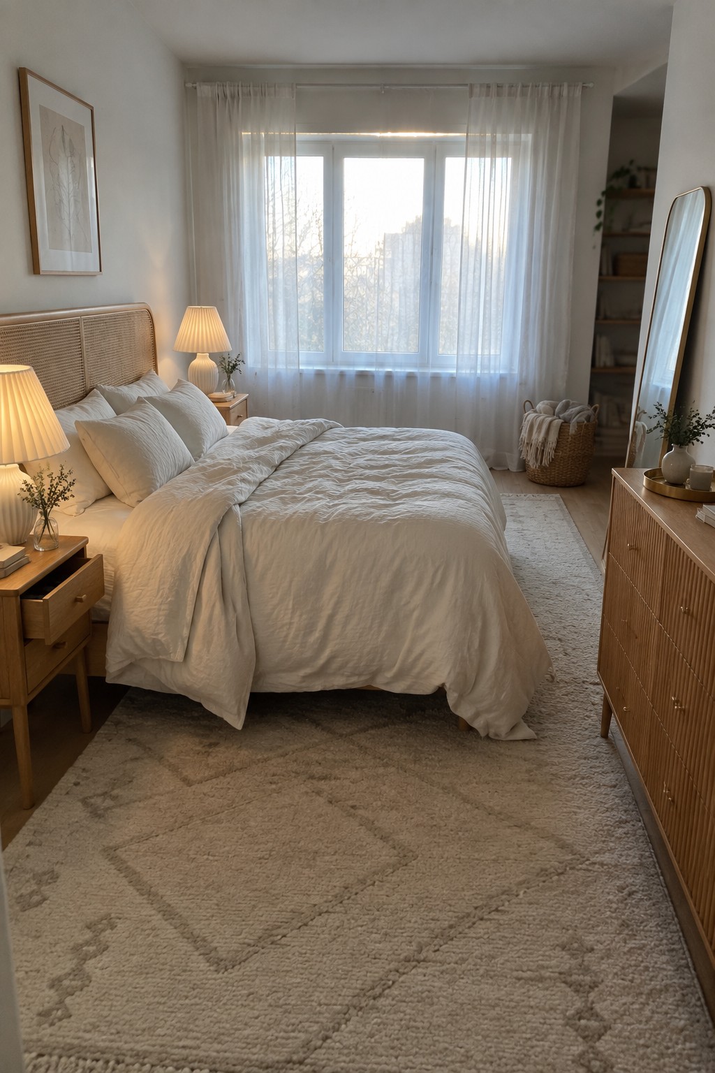 Minimalist bedroom with white bed linens, wooden furniture, fluffy beige rug, and sunlit window