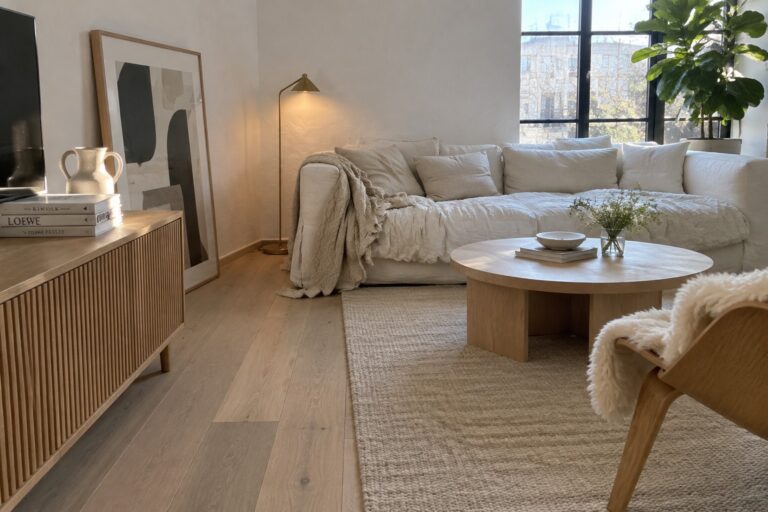 24 Timeless Scandinavian Modern Interior Design Ideas for Bright Homes Minimalist living room with cream sofa, round oak coffee table, abstract art, and fiddle leaf fig.