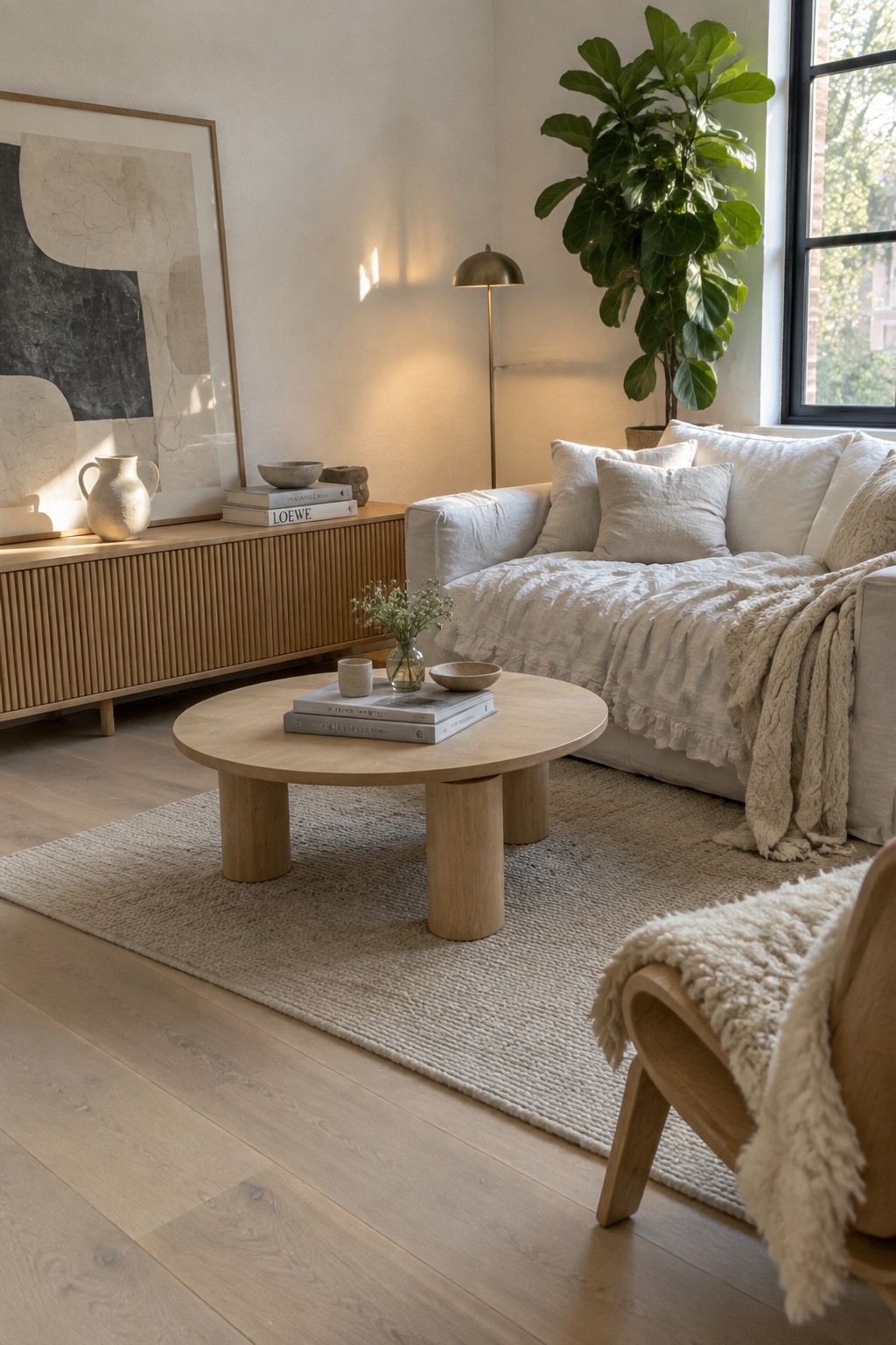 Minimalist living room with cream sofa, round oak coffee table, abstract art, and fiddle leaf fig.