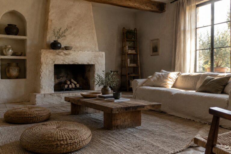 23 Wabi Sabi Living Room Ideas Focused on Handmade Textures and Imperfect Finishes A living room with a large rustic wooden coffee table on a woven rug in front of a light sofa, next to a stone fireplace with pottery on built-in shelves.