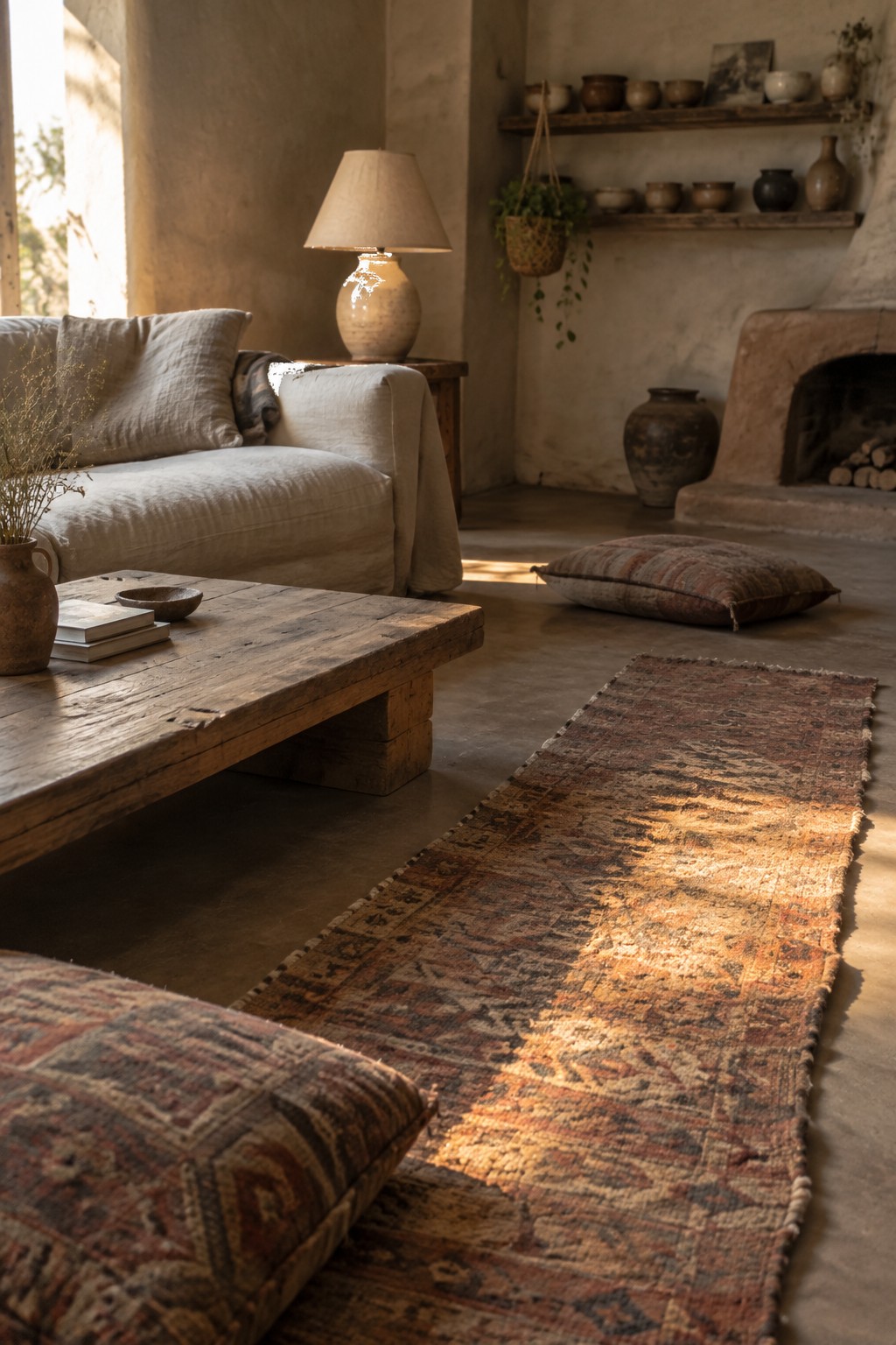 Sunlit rustic living room with linen sofa, wooden table, and long patterned rug