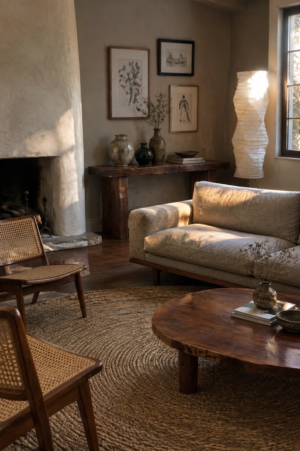 Sunlit rustic living room with linen sofa, wooden coffee table, and woven rug