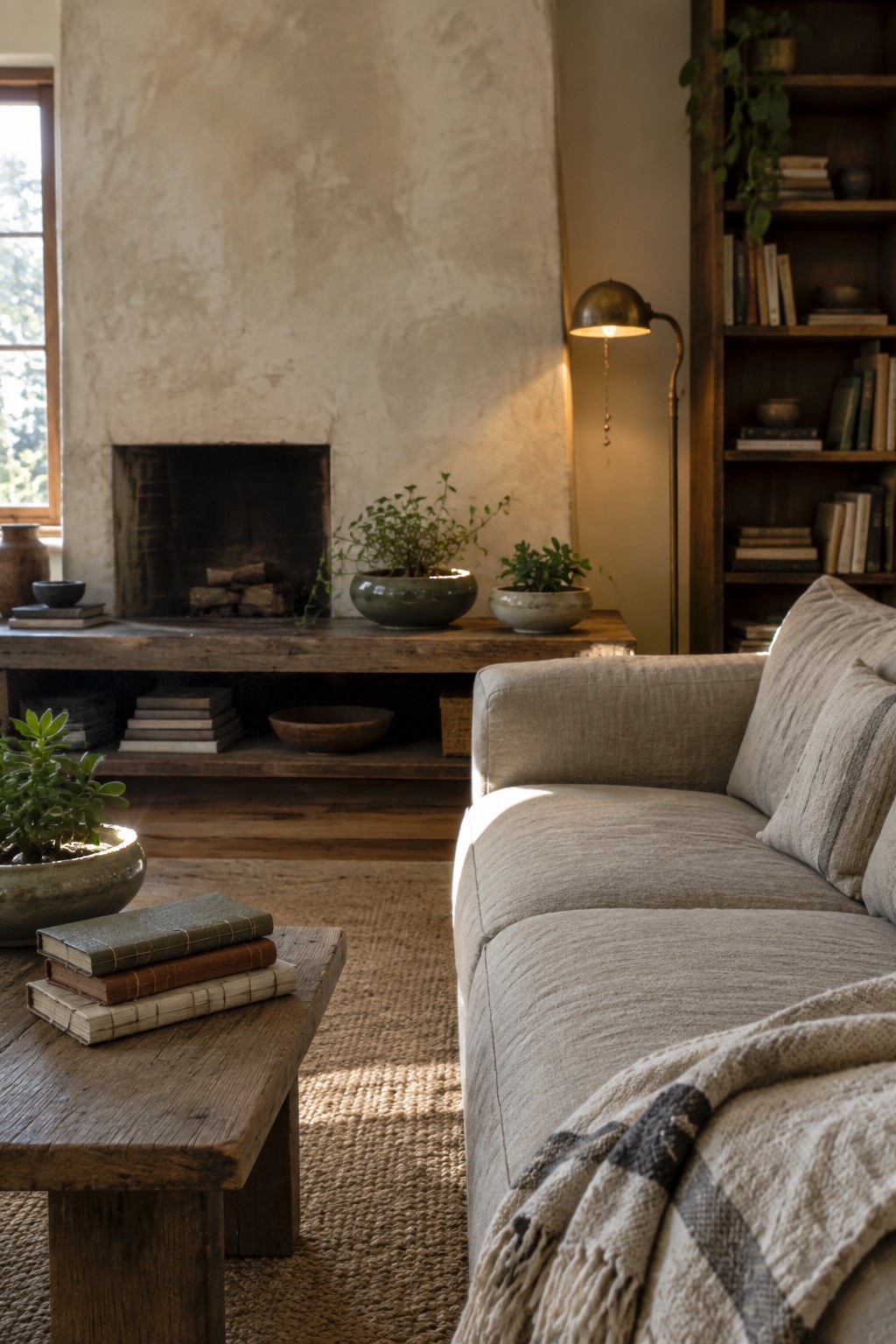 A living room with a light linen sofa, rustic wooden coffee table holding old books, a plaster fireplace with potted plants on the mantel, and a wooden bookshelf on the right.