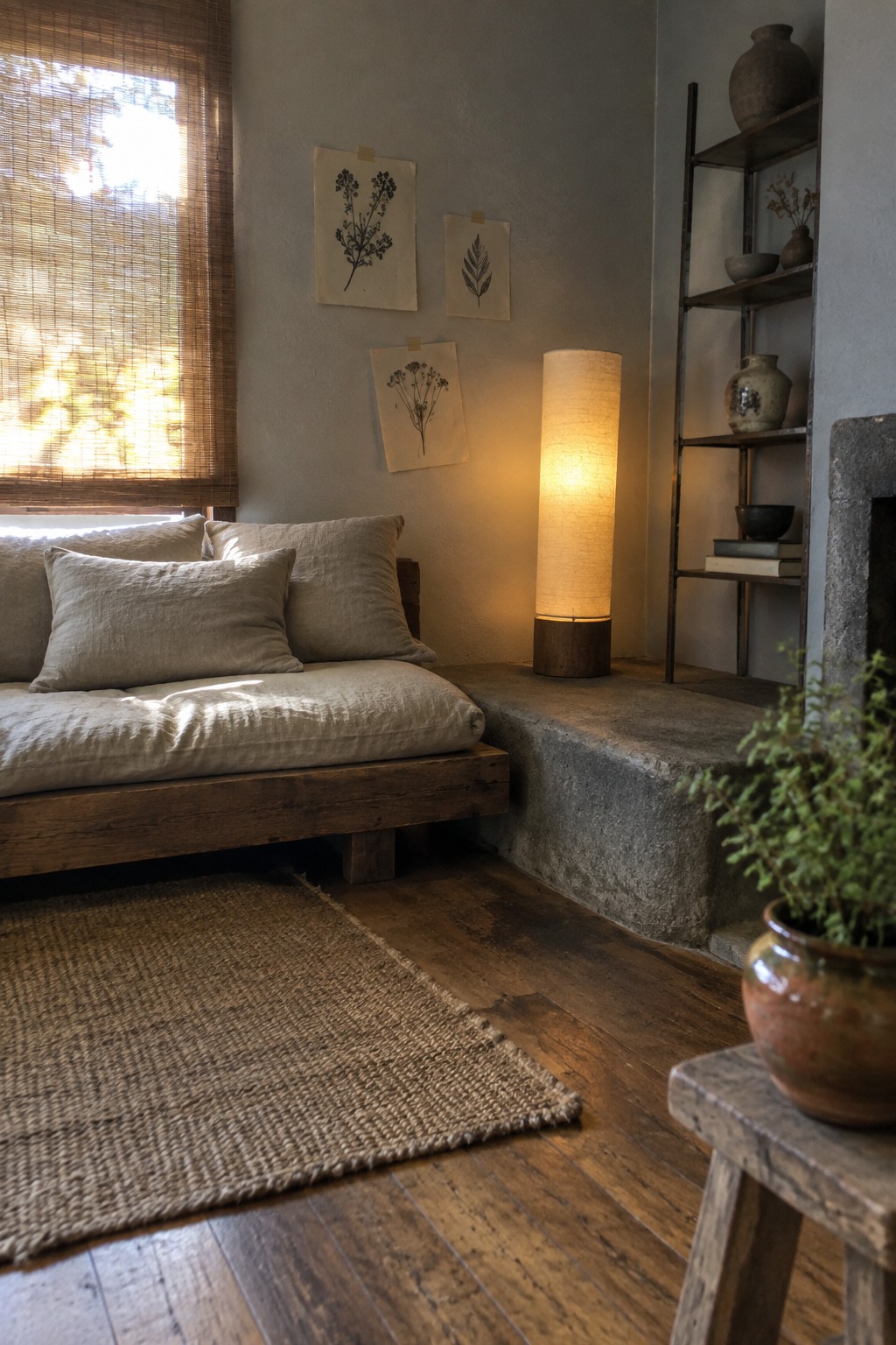 A living room corner shows a low wooden daybed with linen cushions, a woven jute rug on the floor, a tall paper floor lamp, and botanical prints taped to the wall above a concrete ledge holding pottery on metal shelves.