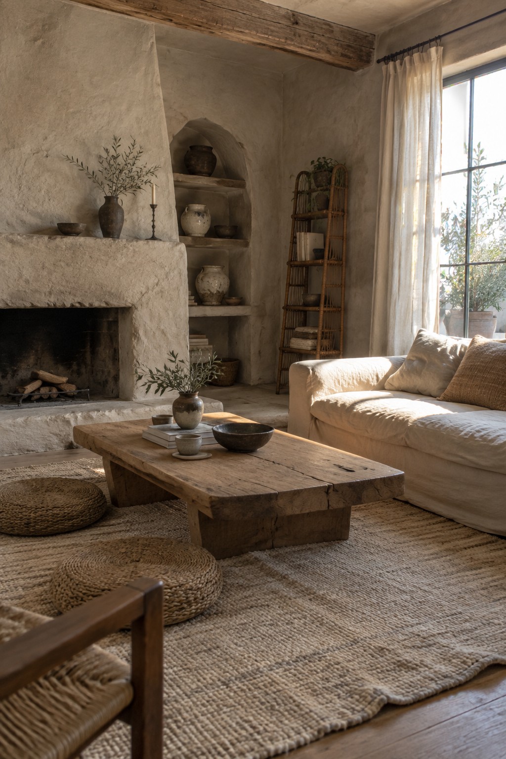 A living room with a large rustic wooden coffee table on a woven rug in front of a light sofa, next to a stone fireplace with pottery on built-in shelves.