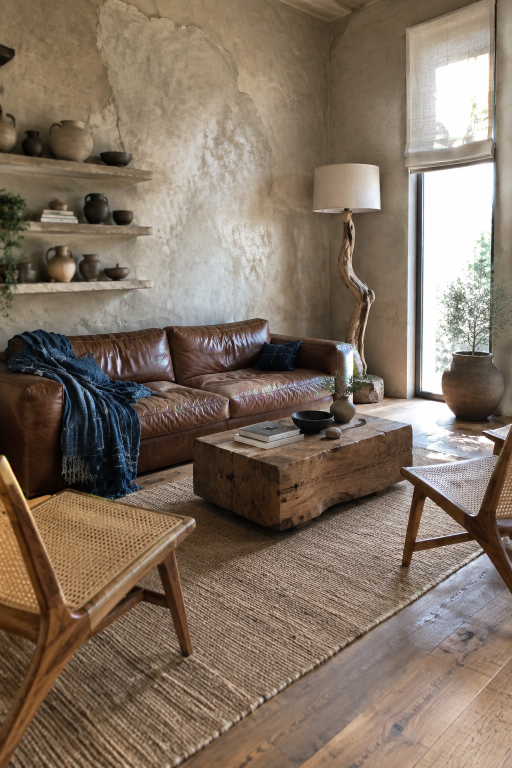 A living room with a brown leather sofa, a large rustic wooden coffee table on a woven rug, two wooden chairs with woven seats, floating shelves holding pottery, and a tall floor lamp near a window.