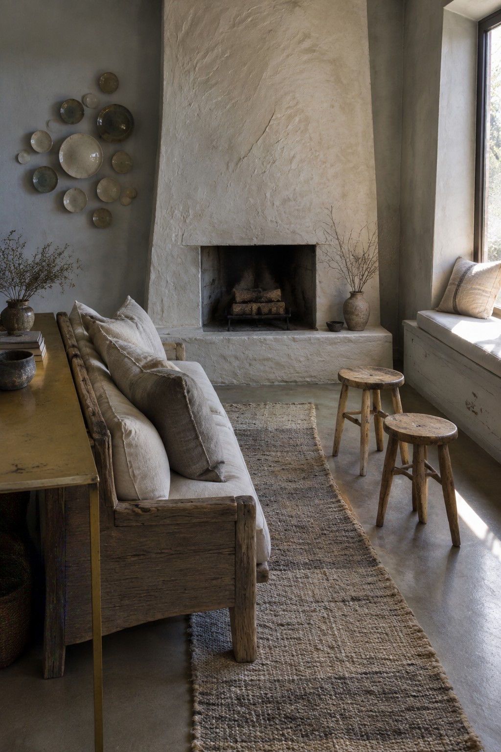 A living room with a large textured plaster fireplace, a wooden sofa with linen cushions, two wooden stools, and a woven rug.