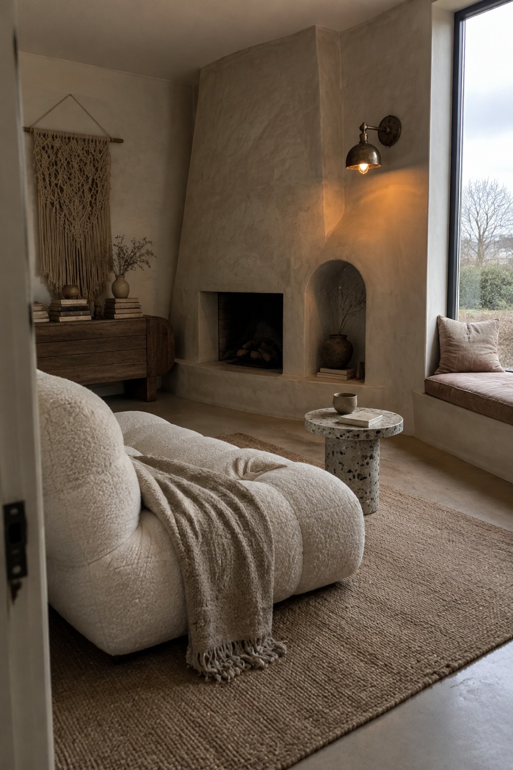 A living room with a large rough plaster fireplace, arched niche, white textured sofa, wooden console, macrame wall hanging, and woven rug.