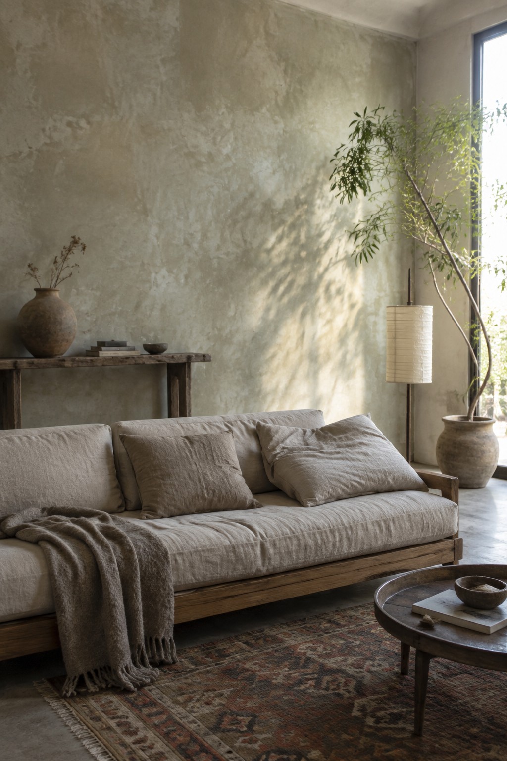 Beige linen sofa with pillows and throw on wooden frame over patterned rug