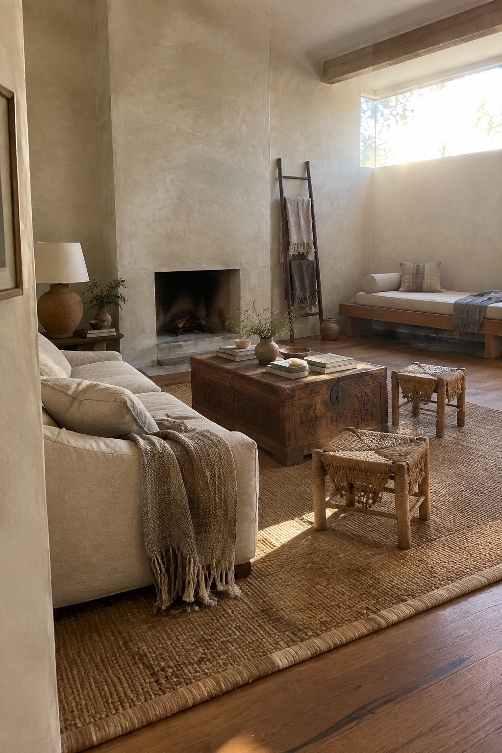 A living room interior featuring a large natural fiber rug on wood flooring, a linen sofa with a throw blanket, a carved wooden chest, two woven stools, and a fireplace with plaster walls.