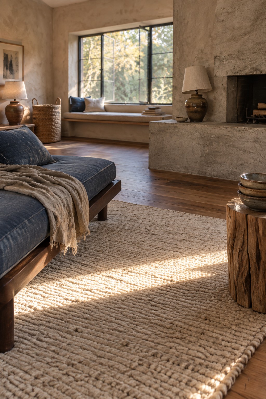 A living room with a large textured beige woven rug on wood floors, a blue sofa with a linen throw, a stone fireplace hearth, and a window seat in the background.