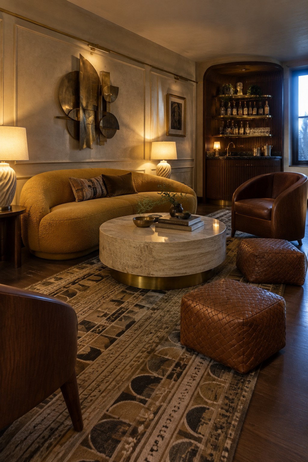A living room featuring a curved mustard yellow sofa, round marble coffee table with brass base, brown leather armchair, woven leather ottomans, and a large abstract metal wall sculpture above the sofa.