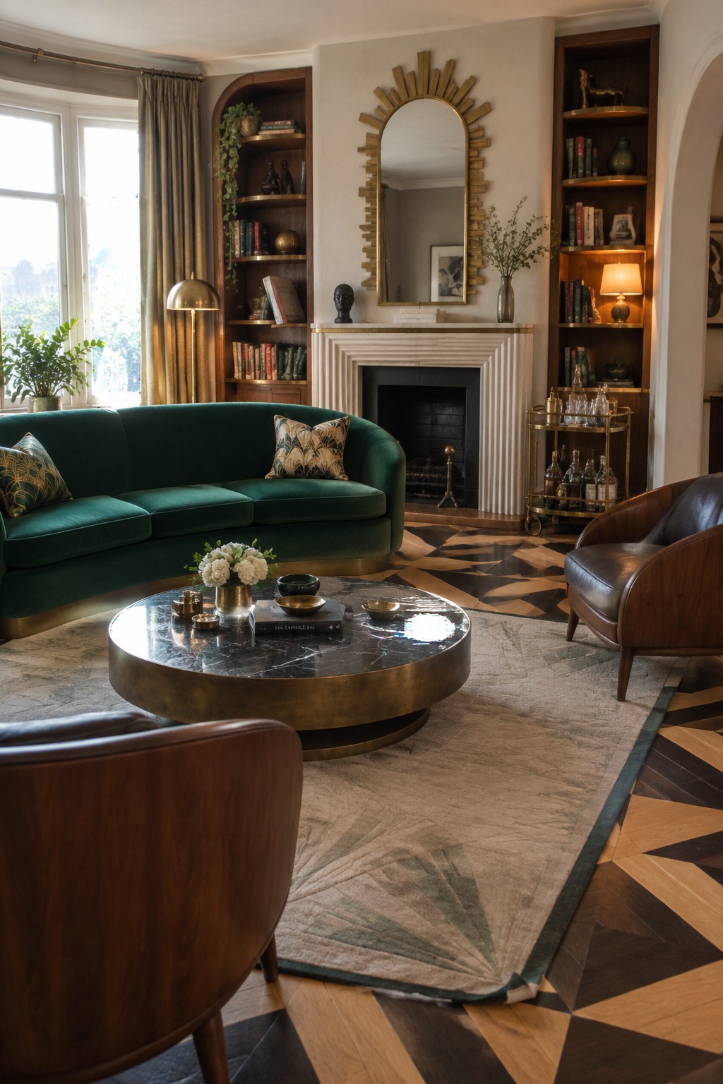 Luxurious living room with green velvet sofa, marble coffee table, sunburst mirror and leather chairs