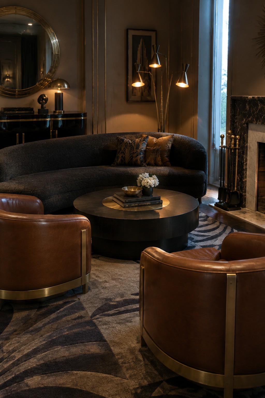 A living room featuring a large curved dark sofa, two brown leather armchairs with brass trim, a round black coffee table, and multiple brass floor lamps against paneled walls.