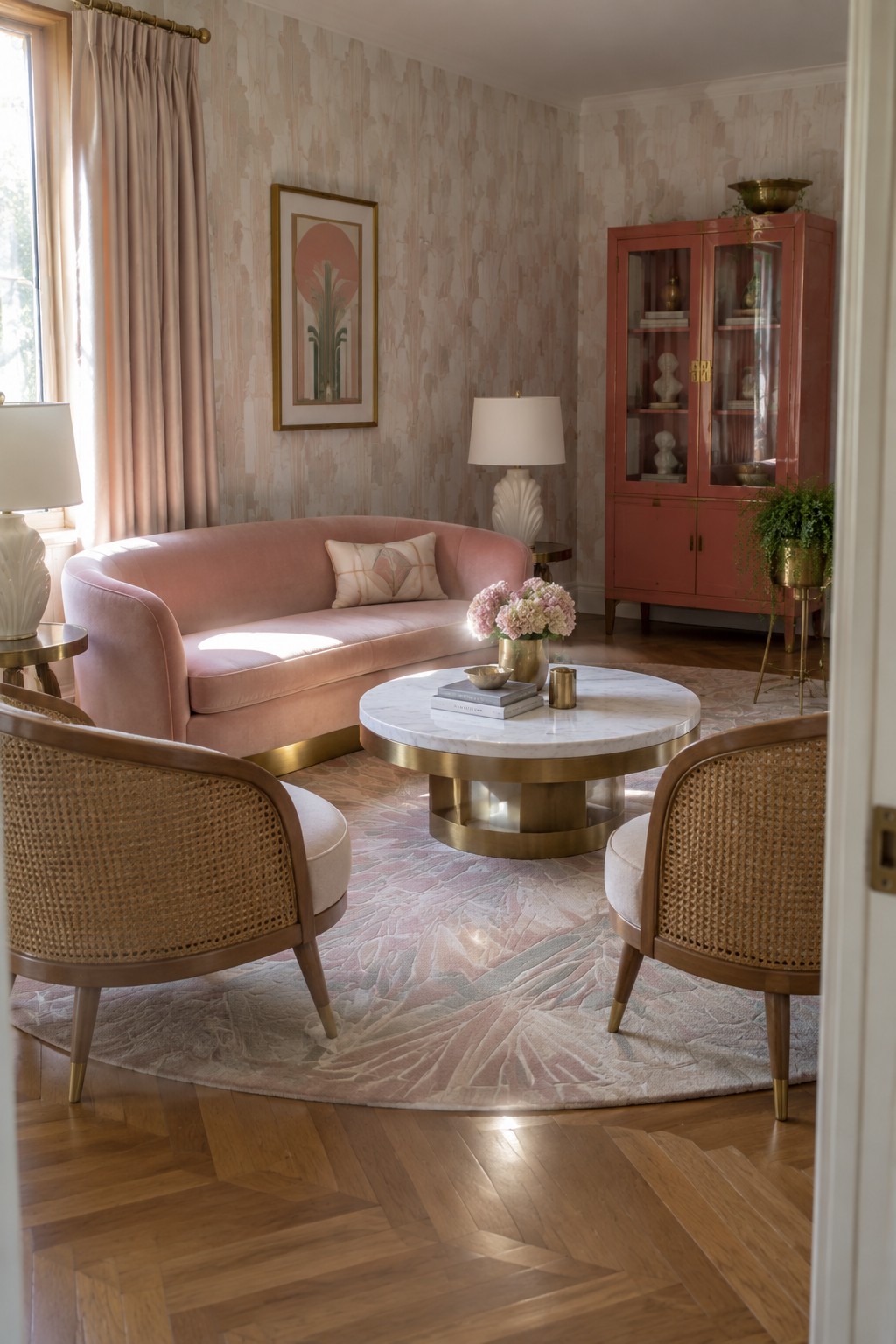A living room featuring a pink curved sofa, two cane-backed armchairs, a round marble coffee table with brass base, and a coral cabinet against patterned wallpaper.
