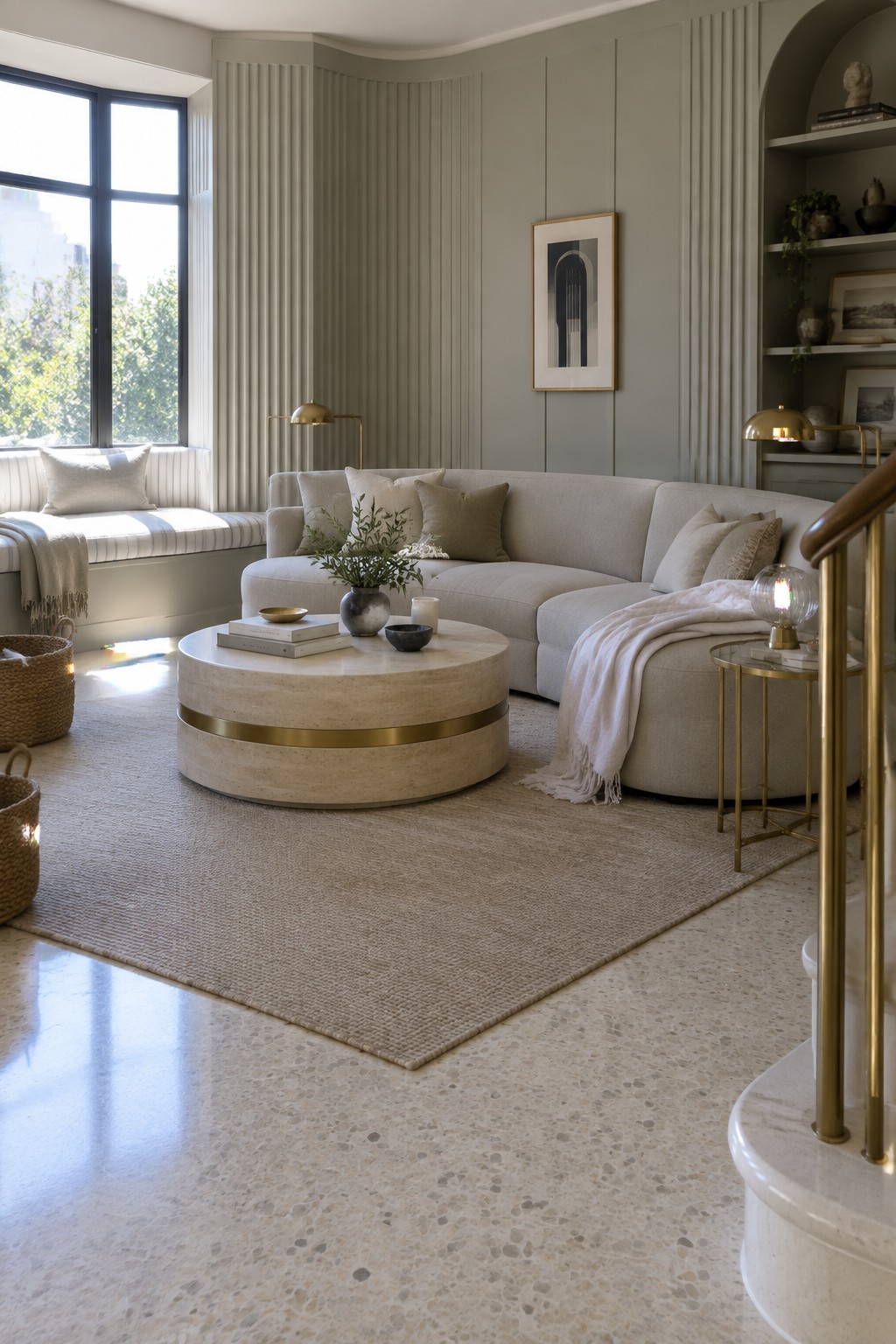 A living room featuring a large curved beige sectional sofa, a round travertine coffee table with a brass band, brass floor lamps, and built-in shelving against sage green paneled walls.