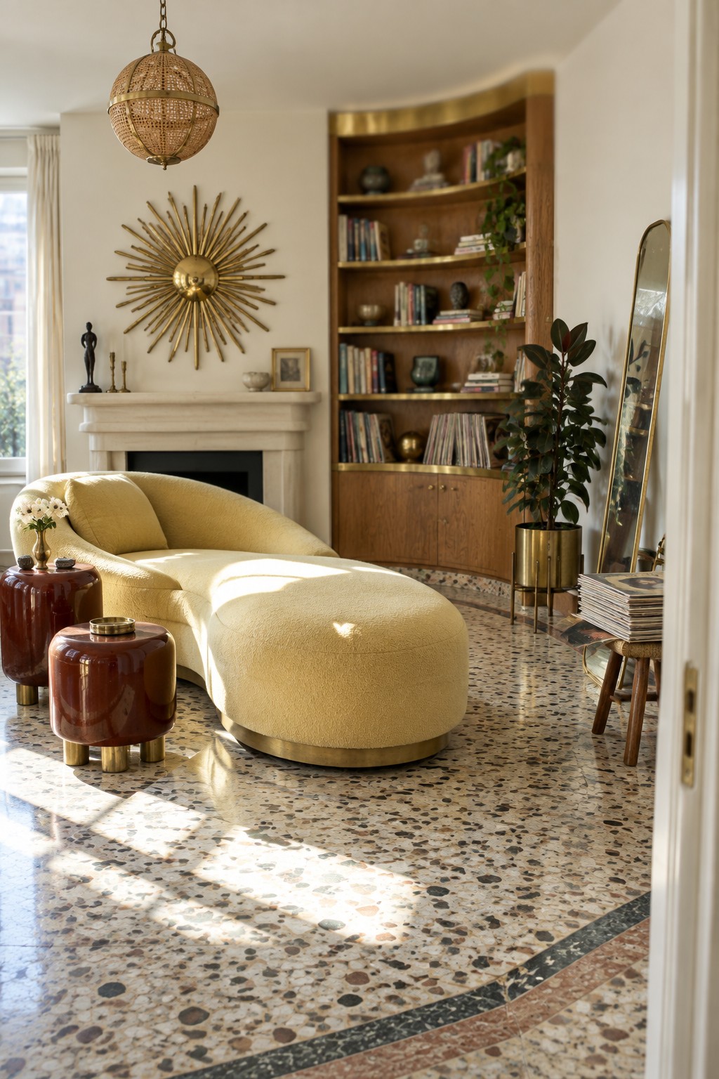 A living room featuring a large curved yellow sofa, a brass sunburst wall decor above a marble fireplace, wooden built-in bookshelves with gold trim, and a terrazzo floor.