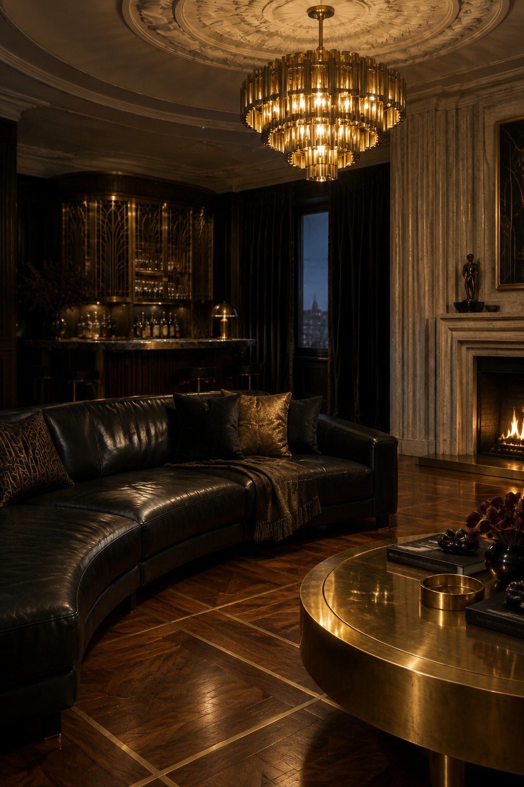 A dimly lit Art Deco living room with a large curved black leather sofa, brass chandelier overhead, marble fireplace, and a built-in bar in the background.