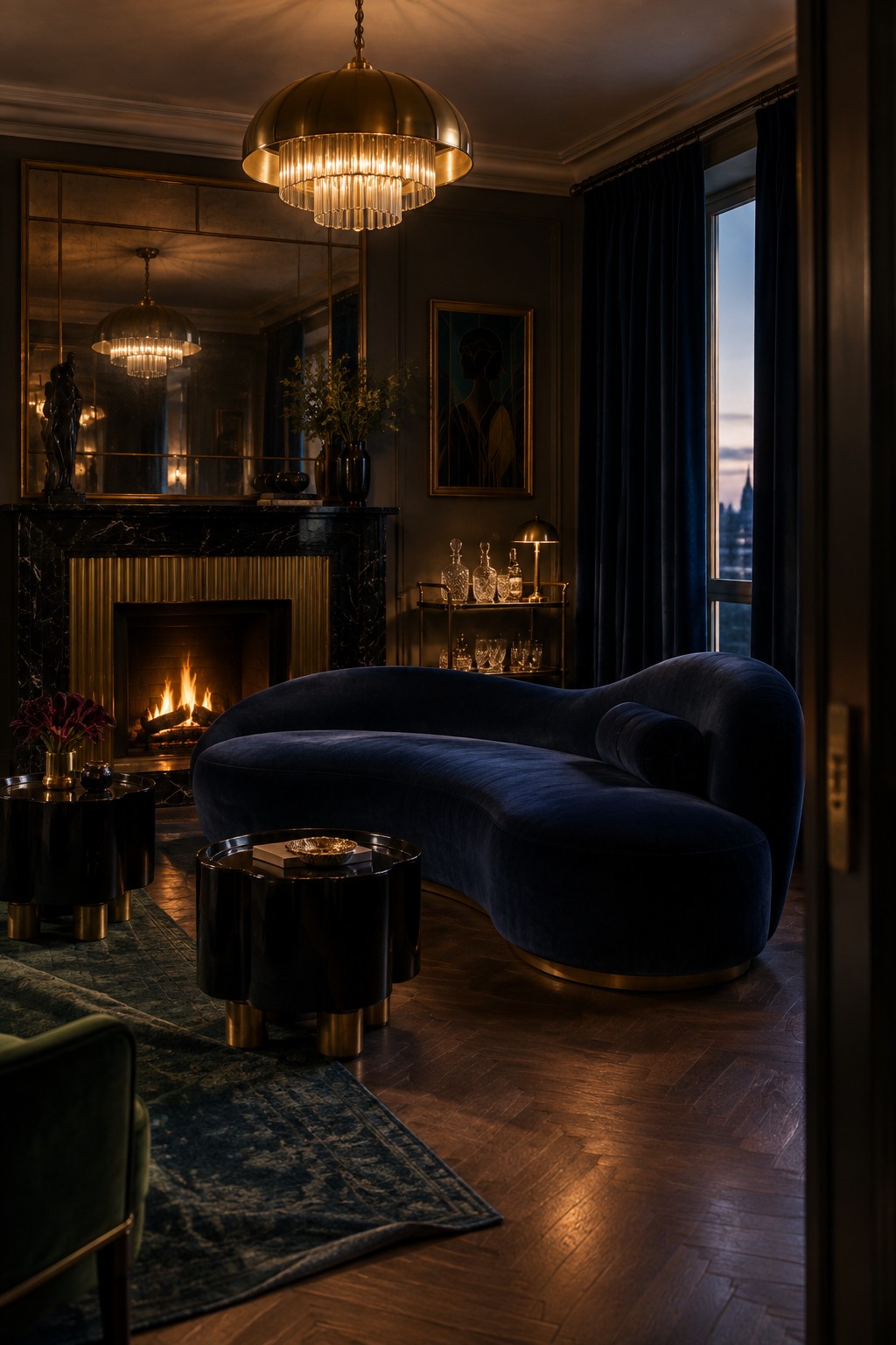 A living room with a large curved navy blue velvet sofa positioned in front of a marble fireplace with a lit fire, a brass chandelier overhead, and dark wood flooring.