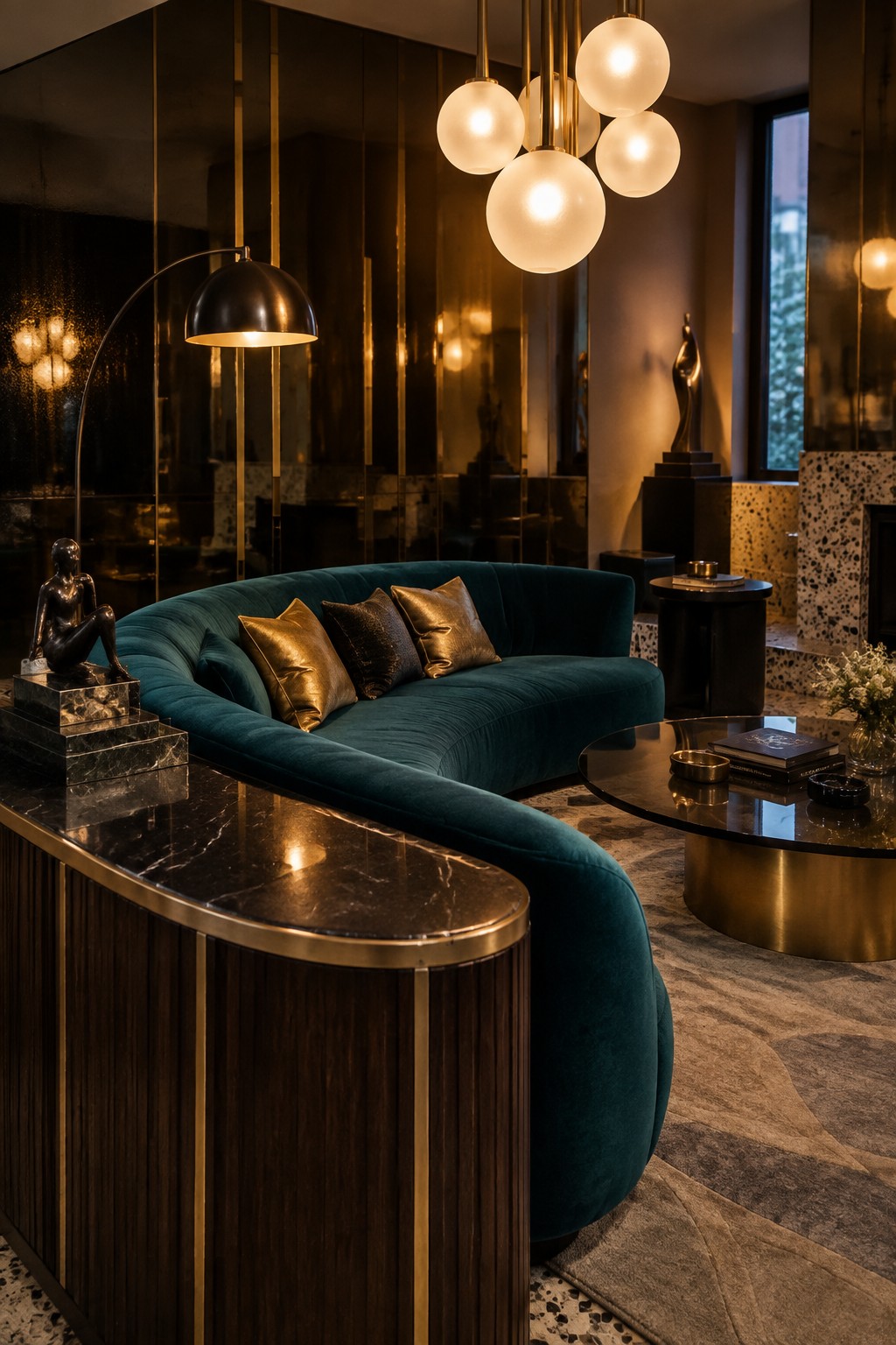 A living room with a large curved teal velvet sofa, gold pillows, a round marble coffee table with brass base, and a cluster of glass globe pendant lights overhead.
