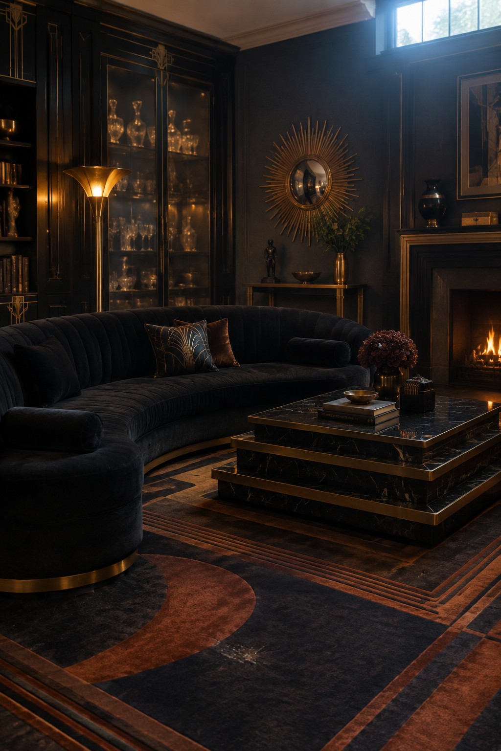 Elegant Art Deco living room with navy curved sofa, marble coffee table, and sunburst mirror.