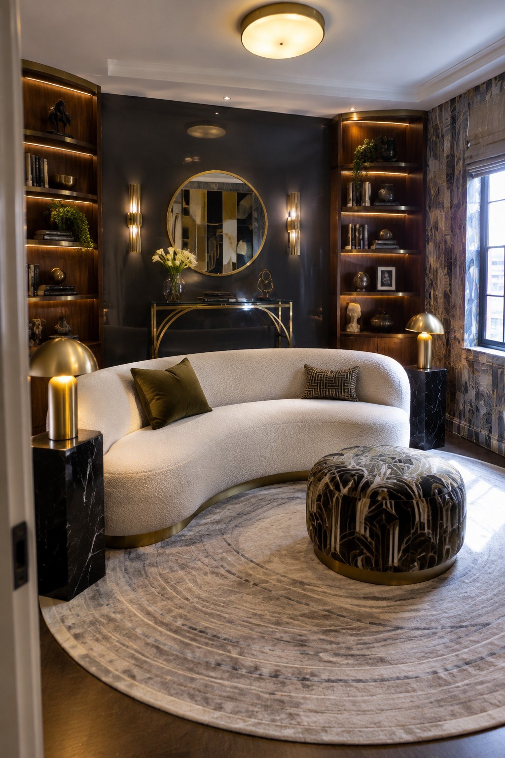 Luxurious curved white sofa and patterned ottoman in elegant dark room with gold accents.