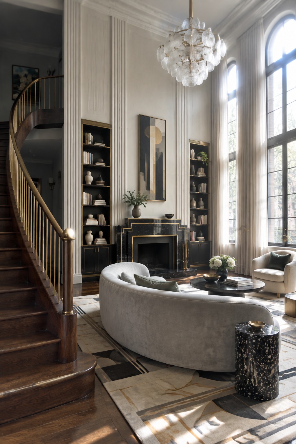 A spacious living room with a large curved gray sofa in front of a black marble fireplace, flanked by tall built-in bookshelves and a curved staircase with brass railing.