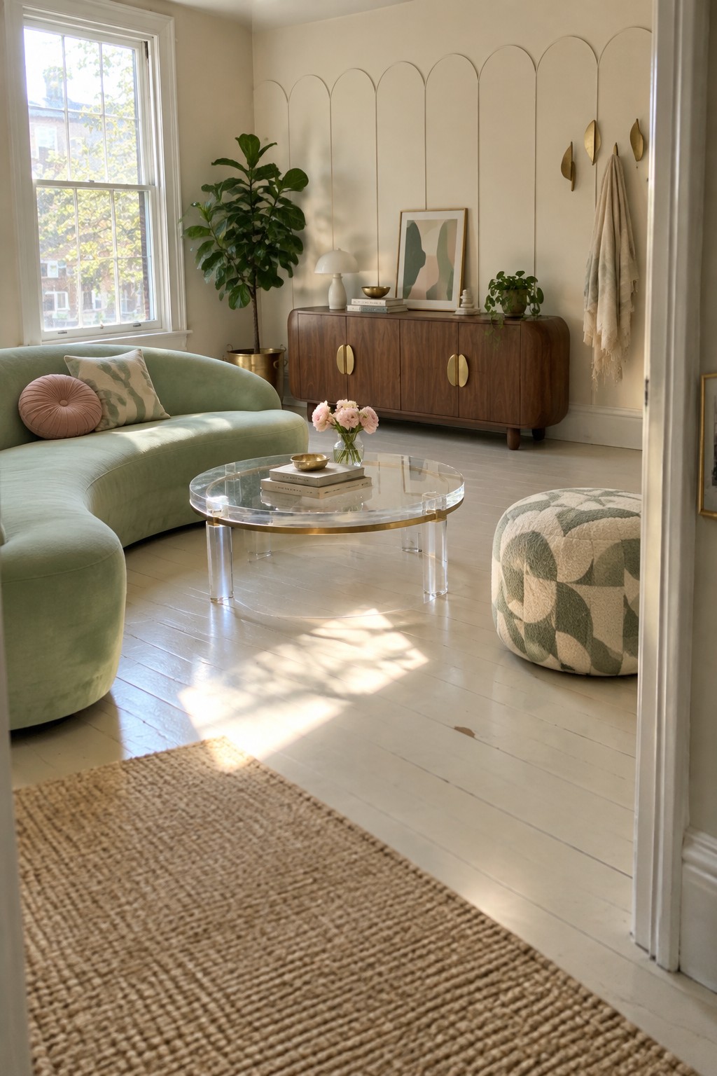 A living room featuring a large curved mint green sofa, a round glass and brass coffee table, a wooden credenza with brass handles, and a scalloped wall panel.