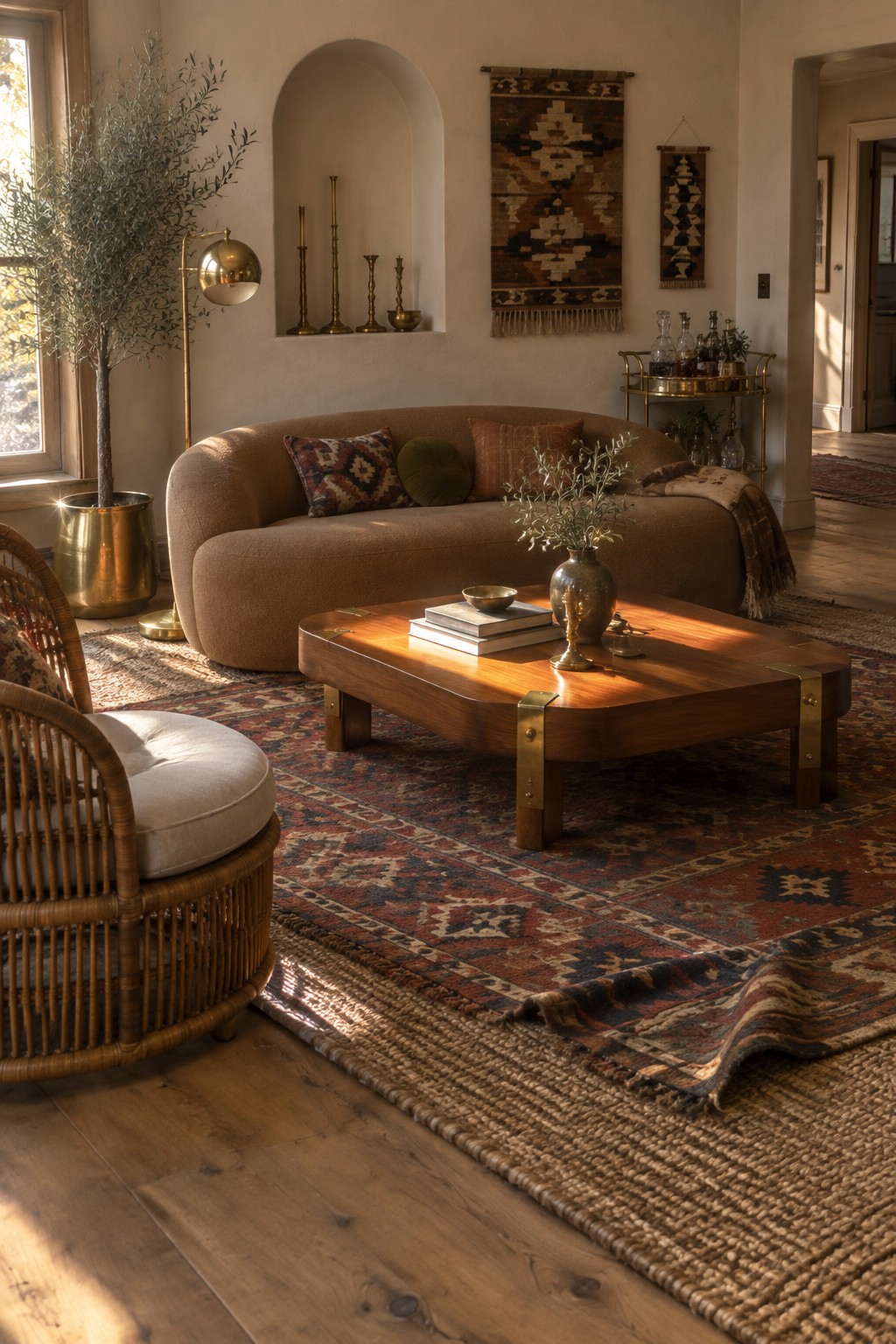 A living room with a large curved brown sofa, wooden coffee table with brass details, rattan chair, brass floor lamp, and layered patterned rugs on wood flooring.