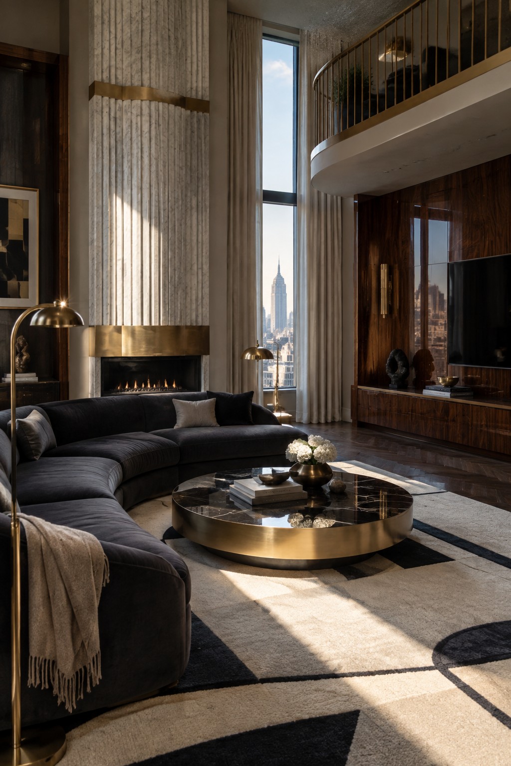 A modern living room featuring a large curved dark sectional sofa, round black marble coffee table with brass base, brass floor lamps, fireplace with brass detailing, and tall windows overlooking a city skyline.