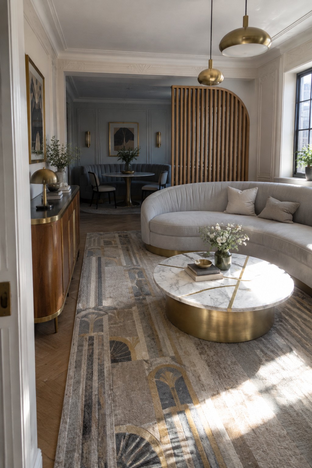 A living room with a large curved light gray sofa, round marble coffee table with brass base, brass pendant lights, wooden room divider, and patterned rug over herringbone flooring.