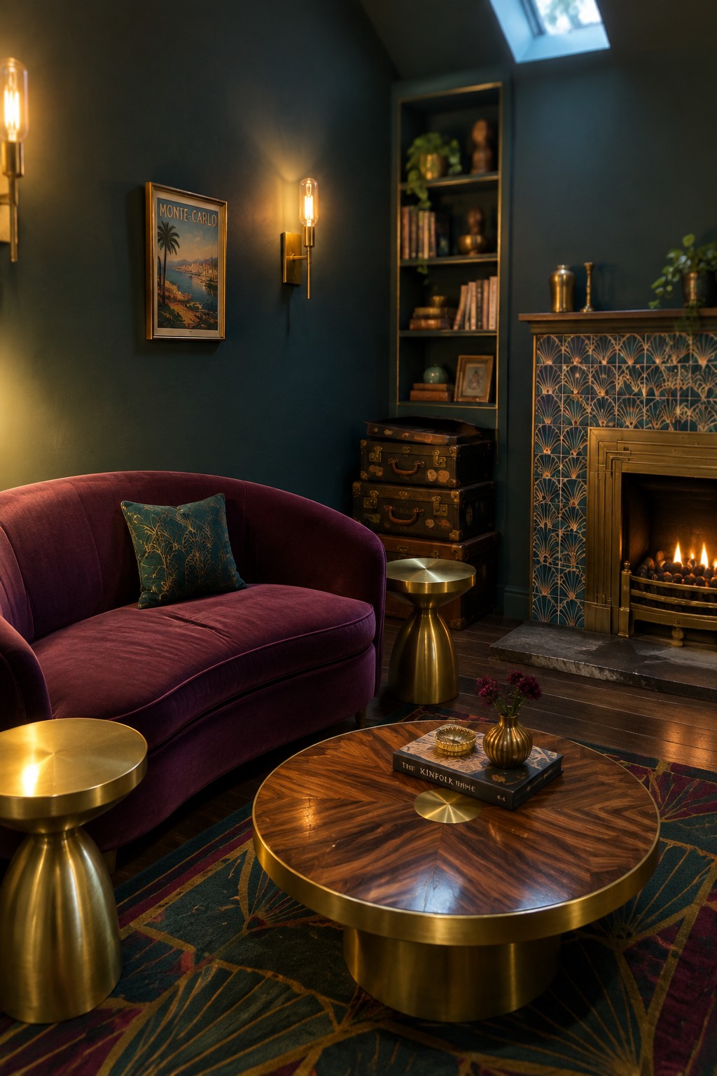A living room with a curved purple velvet sofa, brass side tables and coffee table, wall sconces, built-in shelves, stacked vintage trunks, and a blue patterned tile fireplace with a lit fire.