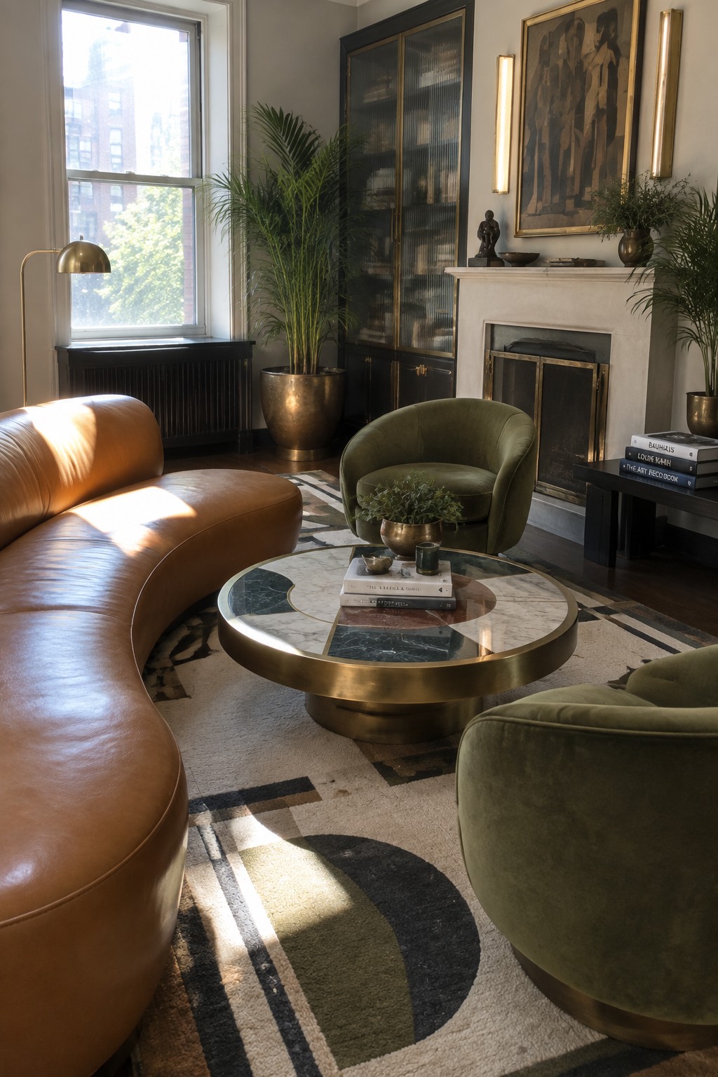 Modern living room with curved brown leather sofa, green velvet chairs, and marble coffee table.