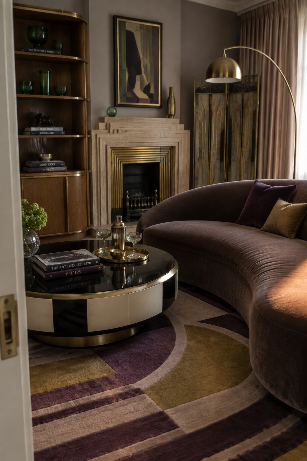 A living room featuring a large curved brown velvet sofa, round black and gold coffee table, brass floor lamp, and stone fireplace with gold detailing.