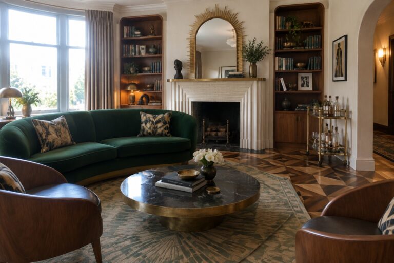 24 Art Deco Living Room Ideas Featuring Curved Furniture and Brass Accents Luxurious living room with green velvet sofa, marble coffee table, sunburst mirror and leather chairs