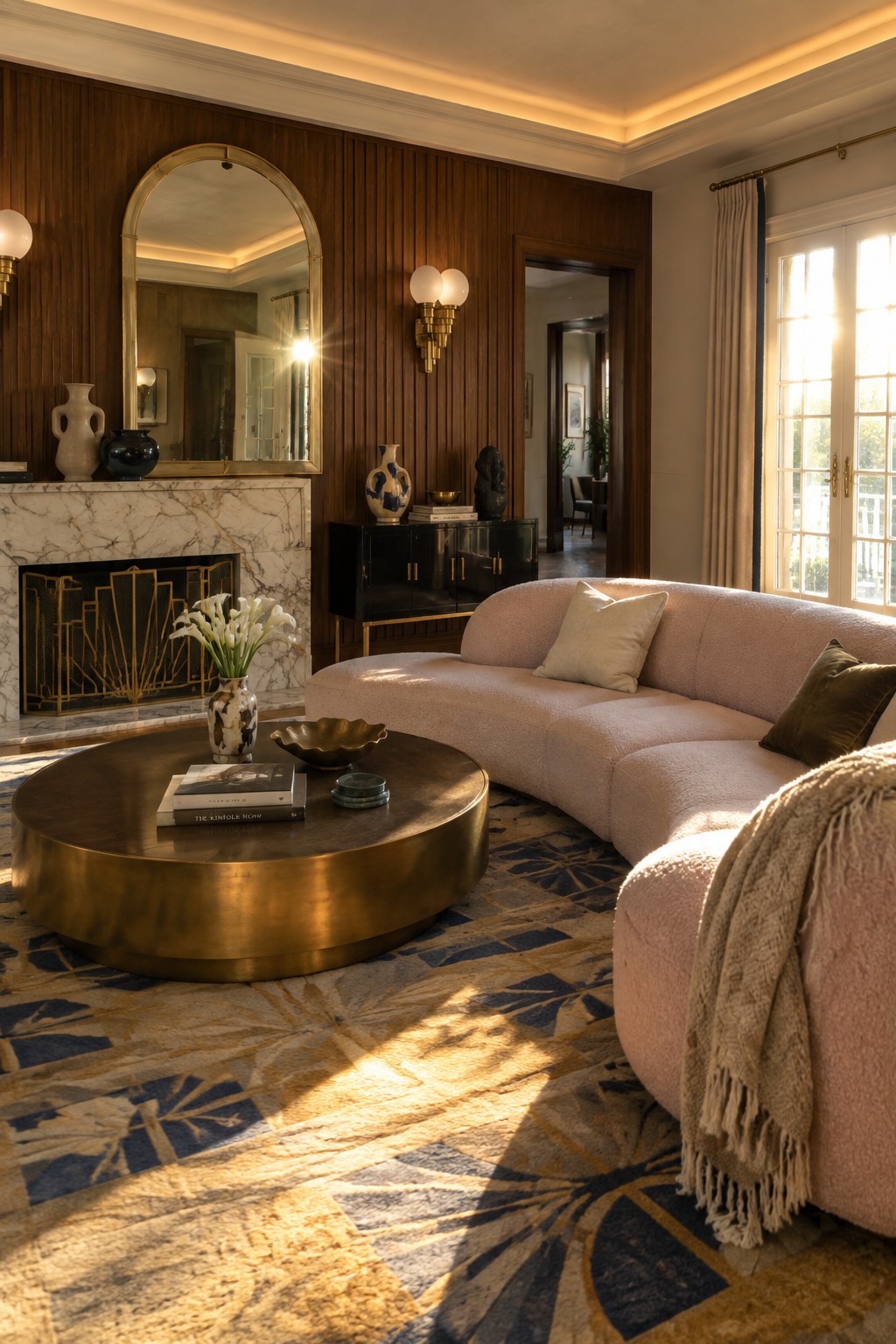 A living room featuring a large curved pink sofa, round brass coffee table on a patterned rug, marble fireplace with gold screen, and dark wood wall paneling.