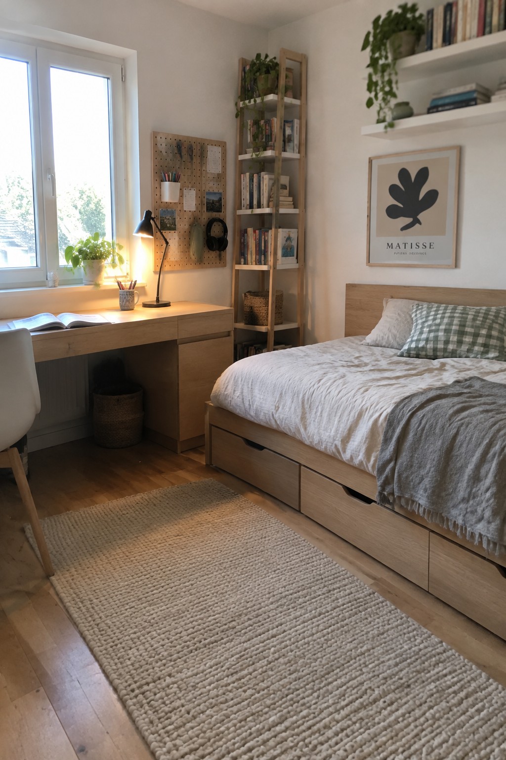Minimalist bedroom with light wood bed, desk by window, pegboard, bookshelf, and woven rug.