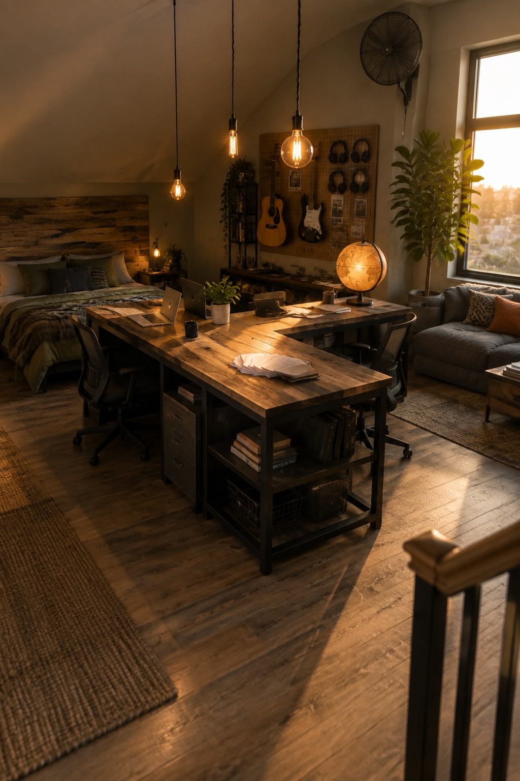 An attic bedroom with a large wooden desk holding two laptops and papers, two office chairs, and a bed visible in the background.