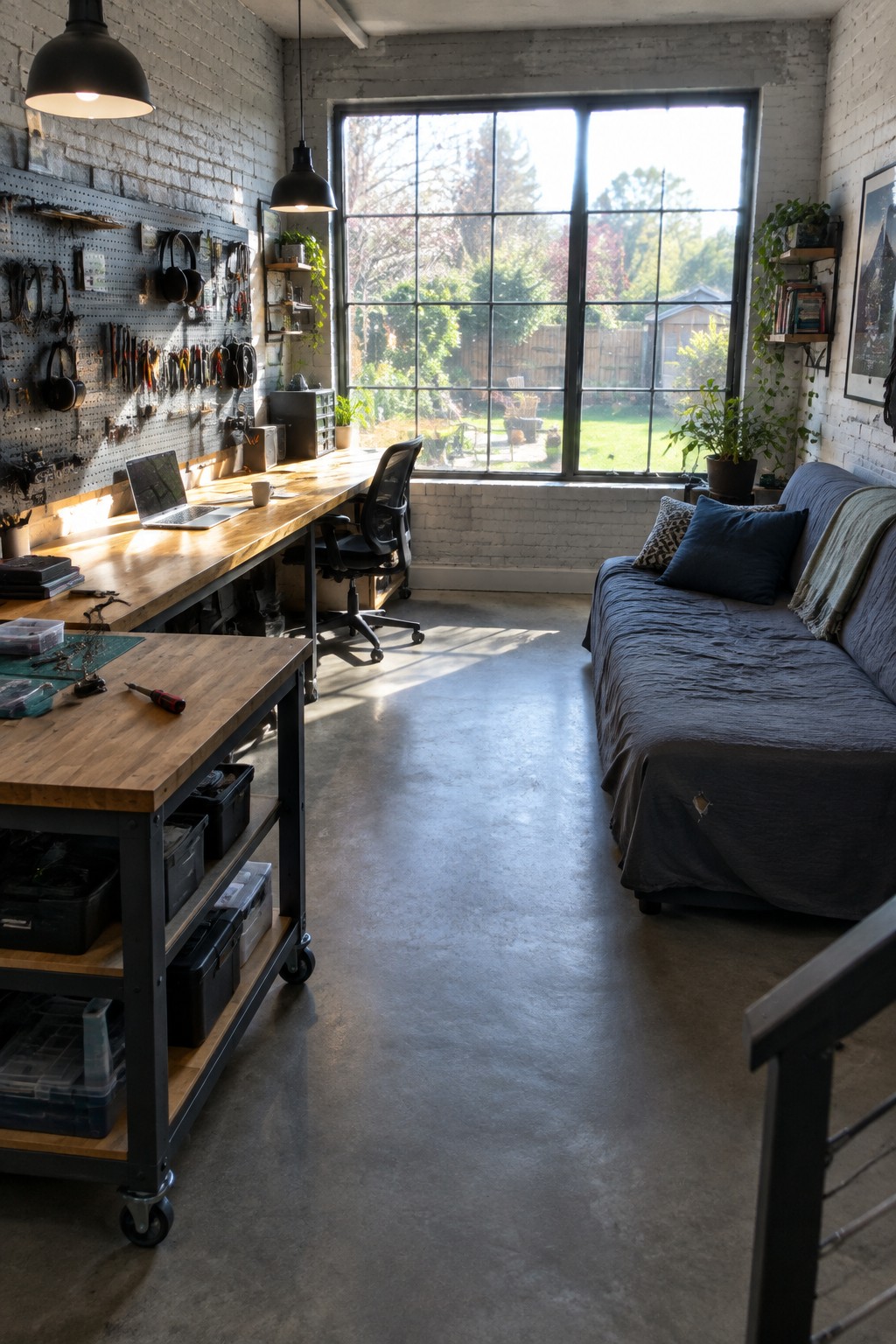Workshop with wooden workbench, tool pegboard, blue sofa, and large sunny window.