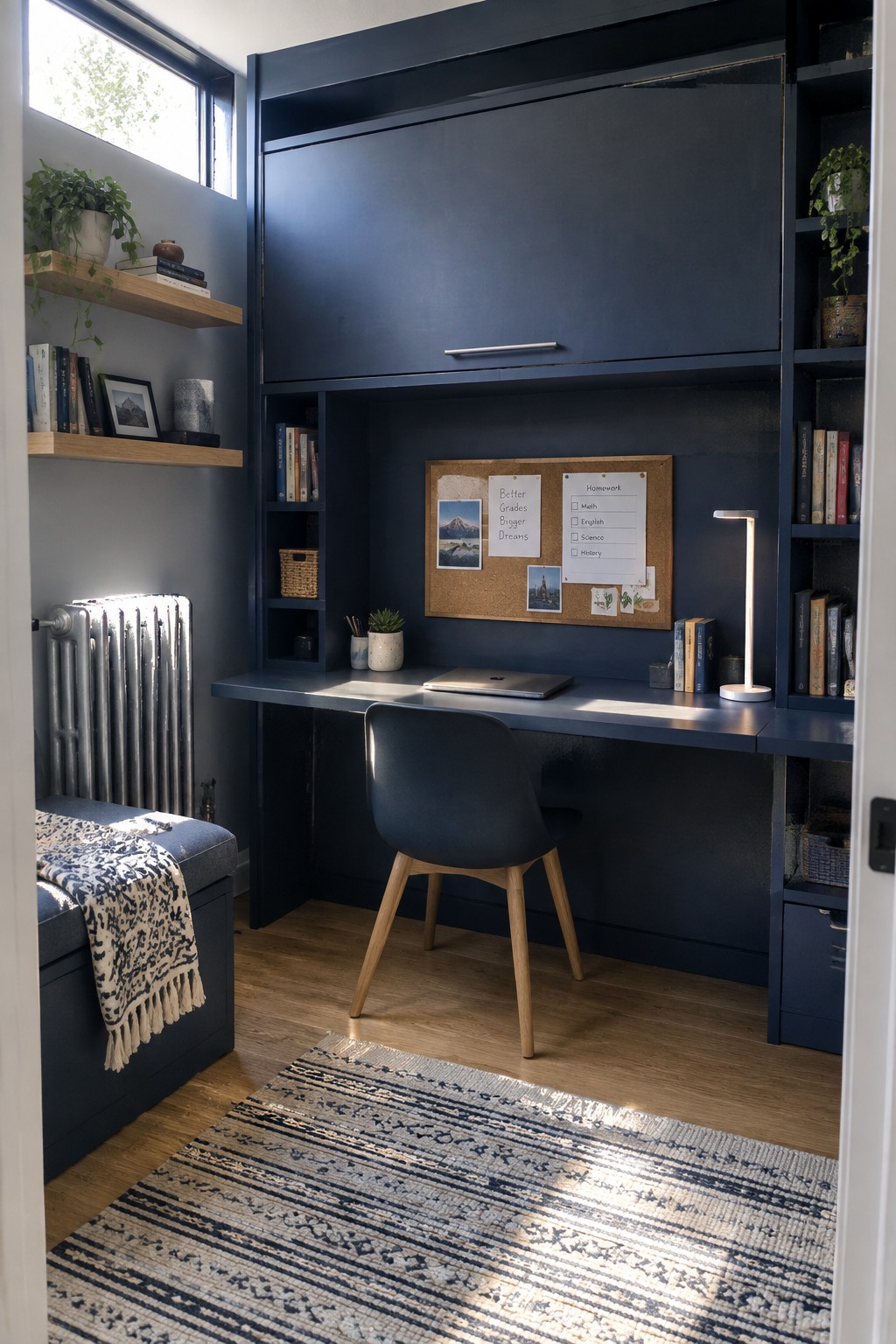A compact bedroom features a dark navy built-in desk and overhead storage unit with a corkboard above the desk, a blue molded chair on wood legs, and a patterned rug on the floor.