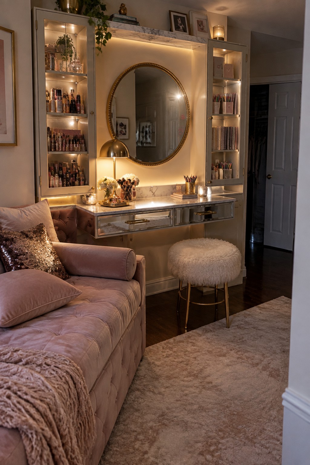 A bedroom vanity area with illuminated glass cabinets stocked with cosmetics and books, a round mirror above a marble countertop, a pink velvet sofa, and a white furry stool.